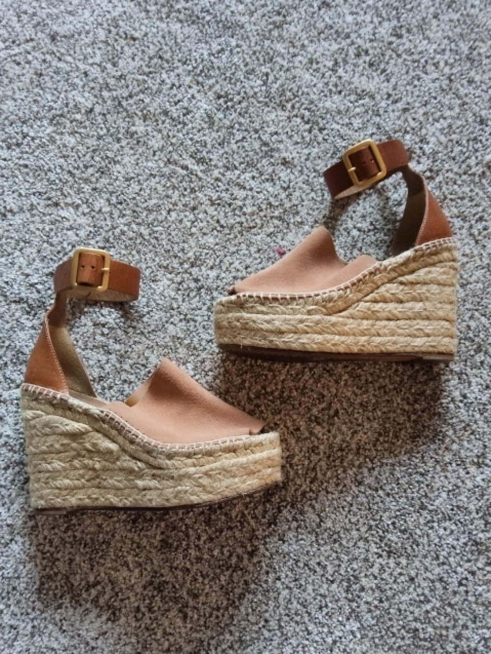 Chloe Tan Espadrille Wedge Sandals with Ankle Strap, 35